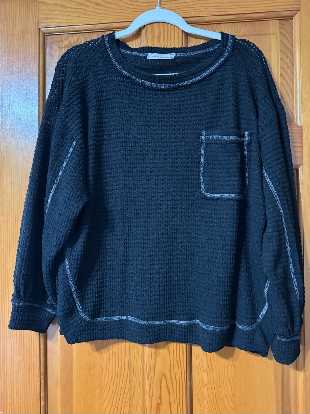 Zenana Outfitters Black Crewneck Waffle-Knit Pocket Sweater